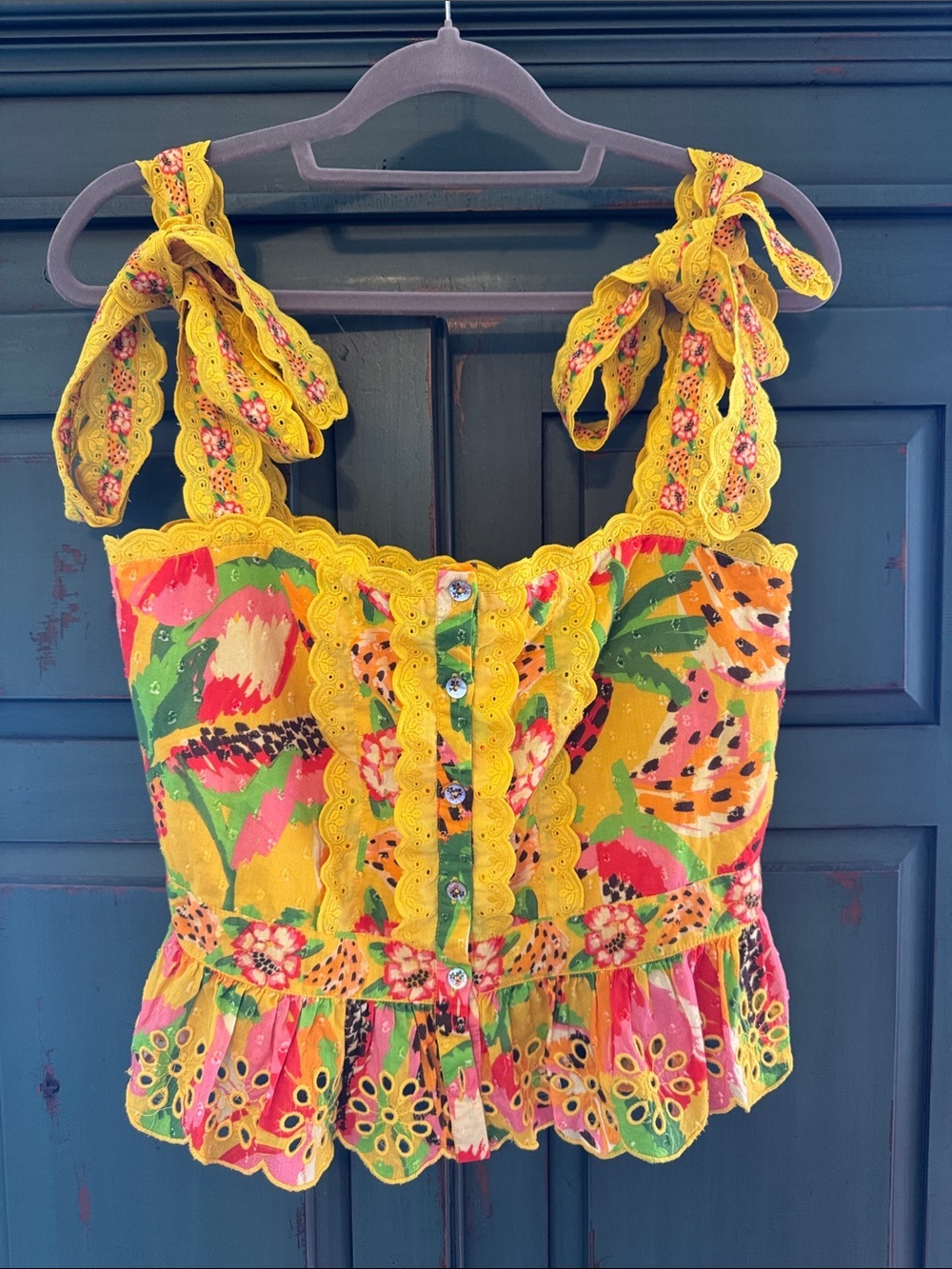 NWOT FARM Rio Yellow Fruits Paradise Floral Tie-Shoulder Eyelet Top